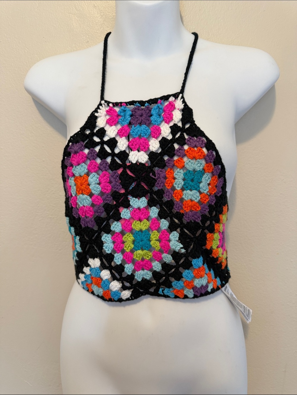 Edikted Multicolor Crochet Halter Crop Top with Black Trim
